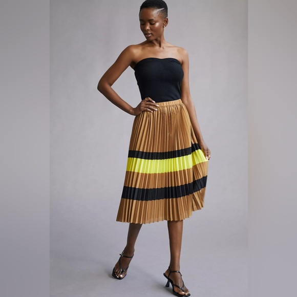 Anthropologie Maeve Tan Yellow Pleated Stripe Midi Skirt Womens Size M - Picture 3 of 11